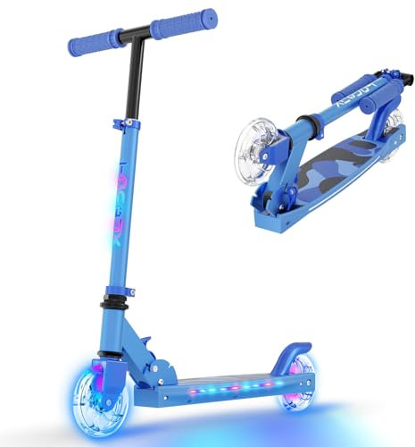 TONBUX Roller Kinder 6 Jahren, Kinder Roller mit Cool Beleuchteten Stangen, Rädern und Deck, 3-Stufig Höhenverstellbarer Kinderroller, Faltbarer Leichter Scooter Kinder von 5 bis 12 Jahren, Blau