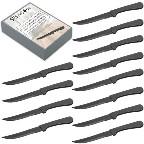 Couteaux à steak noir jeu de 12 pieces de 22 cm avec poignee ergonomique couteau a steak noir couteau steak noir couteau viande noir couteau a viande noir