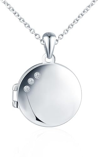 INFINIONLY Damen Mädchen Runde Medaillons Halskette 925 Silber Ketten Anhänger mit Zirkonia Kreative Foto Halsketten zum Öffnen Souvenir Lockets