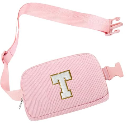 Personalisierte Initialen Bauchtasche, Cord-Crossbody Bag Damen Rosa Brustbeutel Gürteltasche Umhängetasche, Schultertasche Brusttaschen für Reise Fahren Wandern, Geburtstag Geschenk für Mädchen(T)