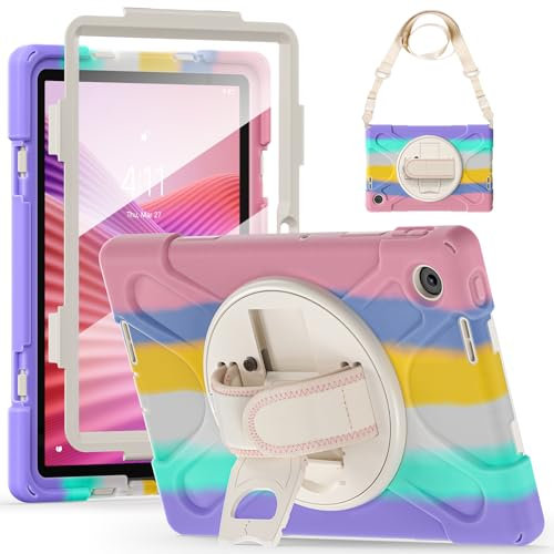 Cxzaqwer Case for Lenovo Tab 10.1 Inch Tablet 2025, Lenovo K10C TB-311FU/TB-311XU Shockproof Military Grade Case With Screen Protector PC Silicon Bracelet Holder Pen Bag Shoulder StrapColorful Pink