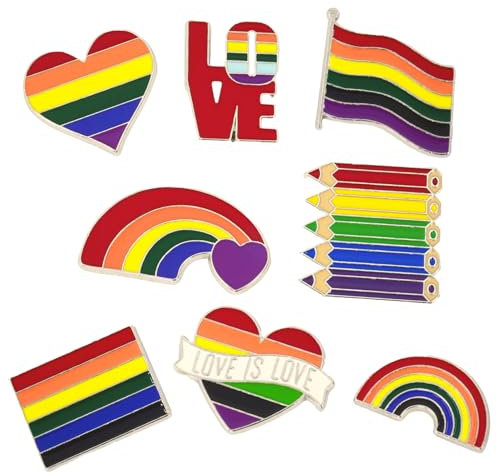 Gravidus 8er Set Pride Metall-Anstecker – Regenbogen-Pins in 8 Designs (ca. 3 cm) | LGBTQ+ Accessoire mit Flagge, Herz & LOVE-Schriftzug – Hochwertiger Anstecker für Kleidung & Taschen