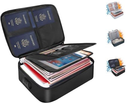 Fireproof Safe Document Box, 3-Layer Lockable Office Storage Box, Large Capacity Portable File Organiser Bag for Certificates, Laptop, Book, Bill, Filing Folder for Home and Travel (Black)
