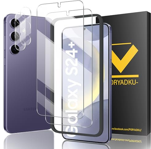 2 Pièces Verre Trempé pour Samsung galaxy S24 Plus/S24+, et 2 Protections d'objectif et 1 Cadre d'Installation, Déverrouillage par empreinte digitale, Dureté 9H, Sans bulles, 3D-Coverage, HD Verre