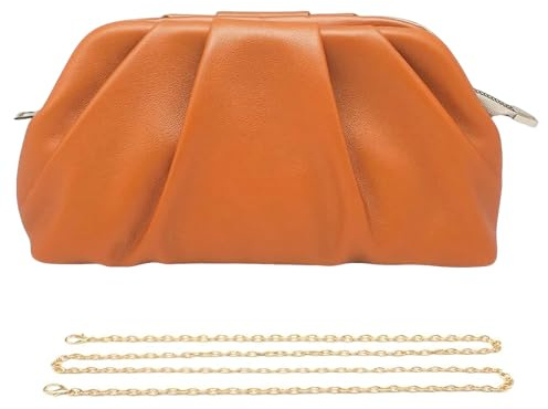 Pahajim Damen Clutch Abendtasche Damen Pleated PU leder Handtasche Klein Elegant mit Kette Schultertasche für Hochzeit Party Date (Orange)