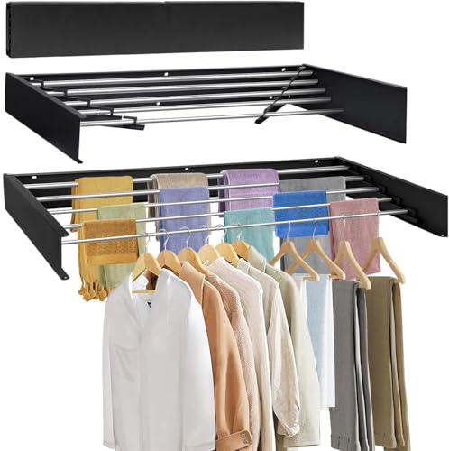 Taylor & Brown 100cm Wall Mounted Laundry Drying Rack Retractable Foldaway Clothes Drying Airer Collapsible Folding Indoor or Outdoor – Space Saver Compact Sleek Design (Black)