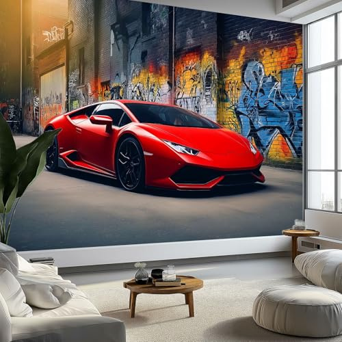 Mural Wallpaper Photography Graffiti Wall Sports Car 200 x 140 cm Modern Art Wall Mural, Red Easy to Install Non-Woven Poster Photo Wallpaper for Bedroom Living Room TV Backdrop Decor