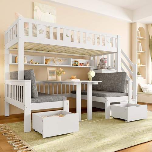 Hochbett 90x200 cm mit Stauraumtreppe 2-in-1-Bett Schreibtisch Schubladen Einzelbett mit Holz Lattenrost Familienbett Platzsparend Gästebett ohne Matratze Weiß