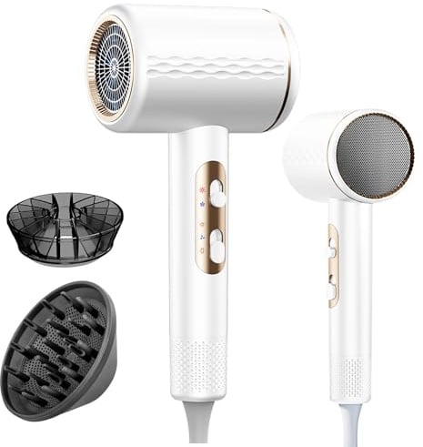 Oskuglin Ionen Haartrockner 2400W, AC-Motor, 3 Stufen & Diffusor, Weiß | Leiser Reisefön ≤65dB mit Überhitzungsschutz – ideal für Locken, Zuhause & Reisen