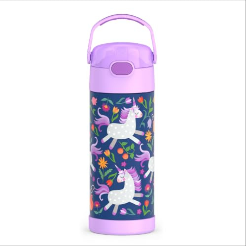 THERMOS FUNTAINER Water Bottle with Straw, 12oz, Unicorn Blooms | Kids Stainless Steel Insulated Water Bottle, Keeps Drinks Cold Longer for School & Play, BPA-Free