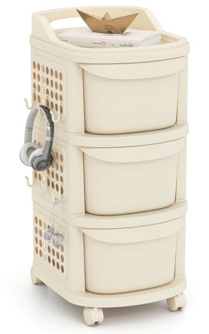 COSTWAY Nischenschrank schmal auf Rollen, Nischenregal 30cm breit, Nischenwagen mit 3 Schubladen, Pegboard, Griff & 6 Haken, Badrollwagen platzsparend, Rollwagen für Badezimmer, Küche, Weiß