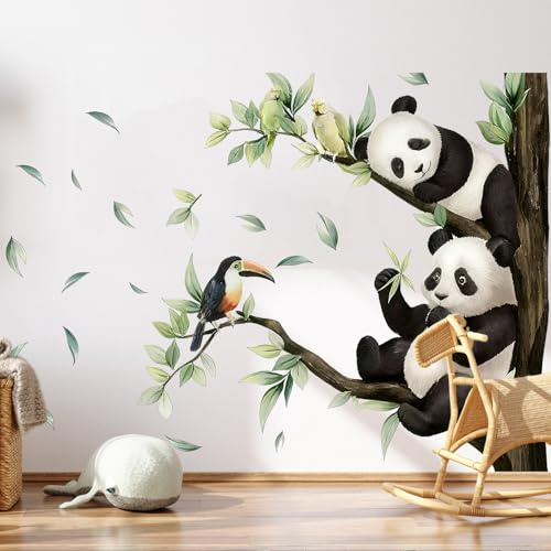 Stickers Muraux Animaux de la Jungle Arbre Fleurs de Cerisier Floral Branche Arbre Oiseaux Autocollants Muraux Décoration Murale Salon Chambre (Panda)