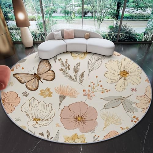Teppich Rund 120 cm Bunt Cartoon - Niedlich Blumen & Schmetterling - Weich Flauschig rutschfest Waschbar - Kreis Bodenteppich Wohnzimmer Schlafzimmer - Fröhliche Kinderzimmer Deko Bodenmatte