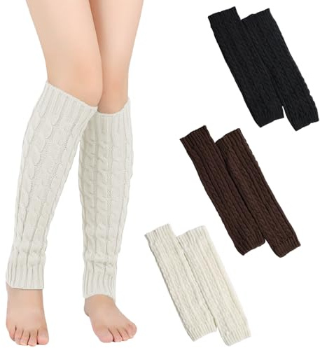 GXAHSOL 3 Pairs Ladies’ Chunky Cable Knitted Leg Warmers, Warm Knee Warmer Socks for Women Girls, Y2K Ankle Knee Sleeve for Boot, Long Boot Cuffs Socks for Winter