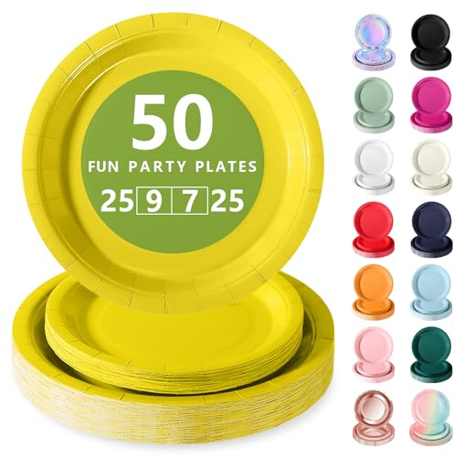 Nkaiso 50 Stück Gelb Einweg Pappteller | Partygeschirr Set Mit 23cm Party Teller, 18cm Dessertteller, Elegantes Einweggeschirr für Jubiläums, Hochzeiten, Geburtstag
