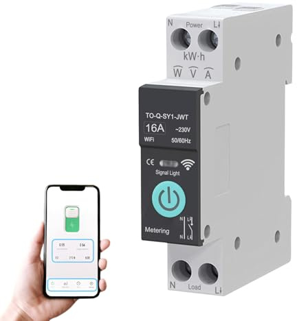 WiFi Smart Schalter, 1P+N 16A 230V, Smart Home Wireless Fernbedienung Schalter, Zeitschaltuhr, Sprachsteuerung, Energiemonitor, kompatibel mit der Smart Life TUYA App, Hutschiene 1P+N