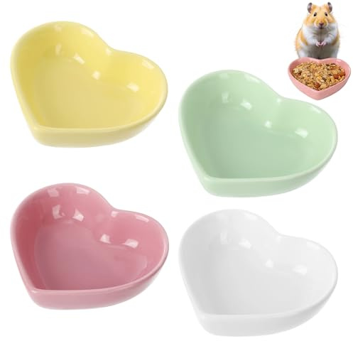 4 Pack Hamster Food Bowls Ceramic Guinea Pig Bowl Heart Shaped Small Animal Food Dish For Hamsters, Hedgehog, Gerbils, Mice and Guinea Pigs (4 Color)