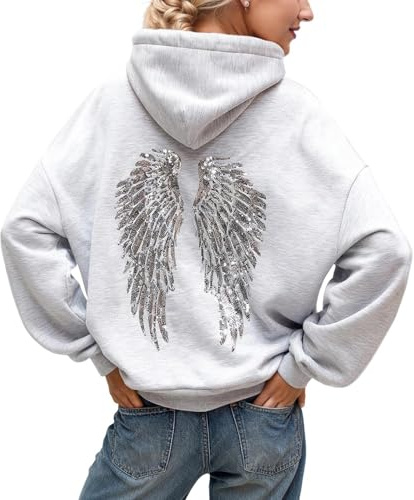 Oversized Hoodie Damen Glitzer Engel Flügel Backprint Kapuzenpullover Elegant Kuschelig Glänzende Pullover Hoody mit Taschen Y2K Weich Lässig Kapuzenpulli Sweatshirt Frühjahr Hoodies für Frauen