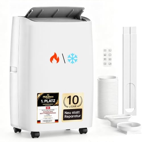 PHILODECO Mobile Klimaanlage mit Heizfunktion 12000 BTU mit Fernbedienung, 5-in-1 Klimagerät Heizen & Kühlen, leiser Betrieb 54 dB, 24h Timer, R290, für Räume bis 60 m², Weiß