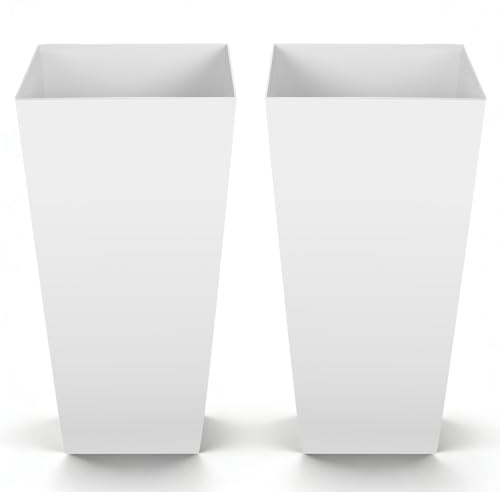 VEVOR Macetas Altas para Plantas 655 mm, 2 Unidades, Maceteros Grandes para Interior y Exterior, con Ruedas con Freno Tapón de Drenaje Depósito, Decoración para Jardín Porche Salón Oficina, Blanco