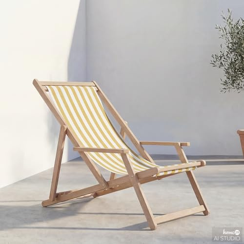 home24 Klappbarer Liegestuhl mit robustem Gestell, Geöltes Massivholz Akazie kombiniert mit strapazierfähigem Webstoff, Flexibles Gartenmöbel für sonnige Ruhebereiche im Freien