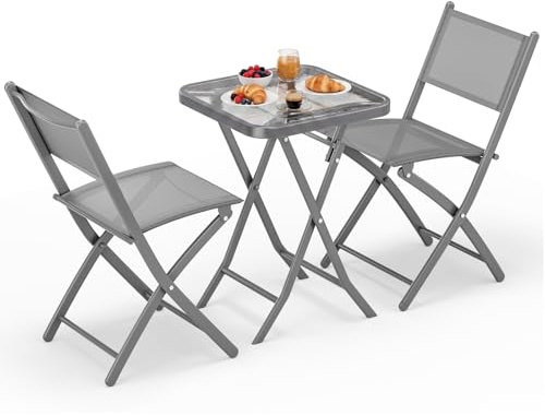 LIFERUN Klappbar Balkonmöbel Set 3-teilig, Wetterfest Bistroset mit Glasplatte und Textilene-Stühlen, 1 Klapptisch mit 2PCS Klappstühle, Platzsparend für Kleinen Balkon, Terrasse, Garten, Grau