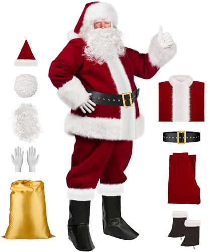 VeMee Christmas Santa Costume Burgudy Christmas Claus Costume 6PCS Kit Men's Adult Santa Suit