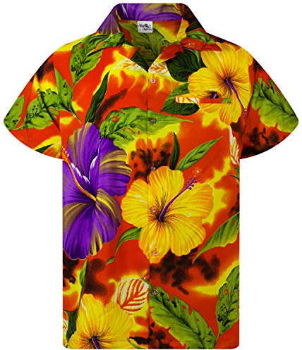 King Kameha Funky Chemise-Hawaienne, Manche-Courte, Big-Flower, Orange, XL
