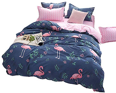 Loussiesd Flamingo Bettwäsche Set Blau & Rosa Bettbezug mit 1 Kissenbezug 2 teilig 155x220cm+80x80cm Weiche Atmungsaktive Polyster Betten Set mit Reißverschluss, Tropische Flamingo