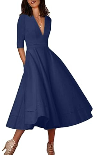 Yming Frauen Slim Fit Feste Farben Kleid High Wasit Kleid Sexy Deep V Neck Kleid Elegantes Kleid Dunkle Blau M