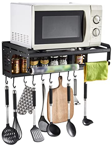 Uziqueif Etagere Micro Onde, Etagere Rangement Cuisine Double Couche, Multifonction Support Mural Micro-ondes avec 10 Crochets pour Cuillère à Couteau Pan - Noir