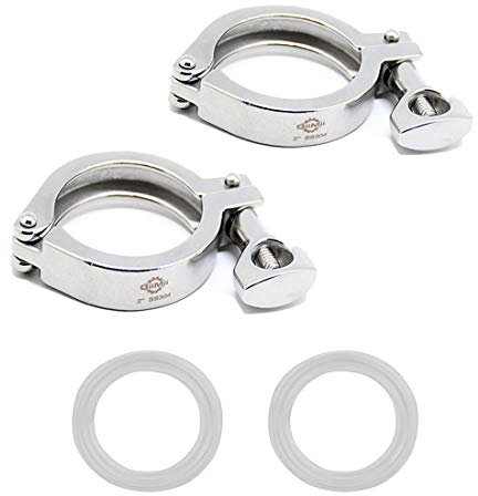 QiiMii Stainless Steel 304 Heavy Duty Sanitary Clamp Single Pin Tri Clover 2 inch with 1 pc Silicone Gasket, 2 Pack