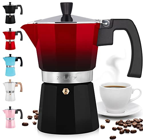 Zulay Kitchen Cafetera espresso para estufa, olla Moka 3 tazas de espresso, cafetera percolador para espresso clásico cubano e italiano, cafetera portátil para acampar y viajes (rojo/negro)