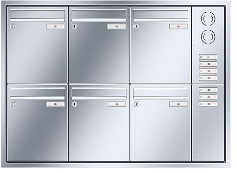RENZ/Eckrahmen / 6er Unterputz-Briefkastenanlage Einbau-Briefkasten mit Sprechfeld / V4A-Edelstahl/Volumen 8 L/Dein-Briefkasten.de