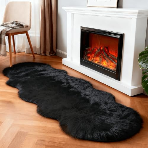 linmopm Fellteppich Schaffell Zottel flauschig, Schwarz, 60x180cm | Läufer, Für Schlafzimmer Nachttisch Bett Boden Wohnzimmer, Plüsch