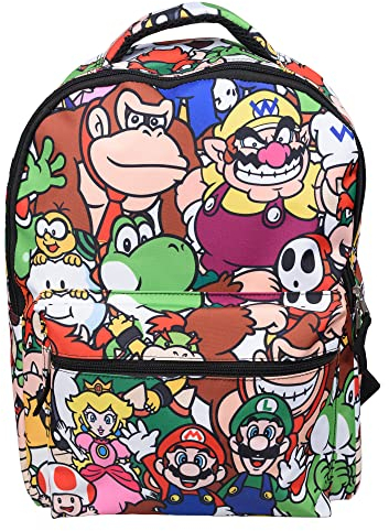Nintendo Super Mario Rucksack für Jungen und Mädchen, Schultasche mit Vordertasche, Allover-Charakter-Druck, Gaming-Büchertasche mit gepolstertem Rücken und verstellbaren Netzgurten, Mehrfarbig,