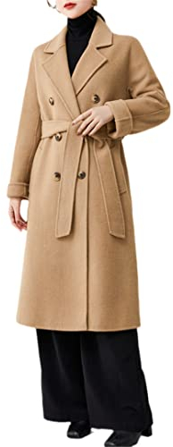 Damen Lang Wolle Mantel Khaki Beige Doppelseitig Büro Lady Wollmantel über Knielang Winter mit Gürtel Khaki M