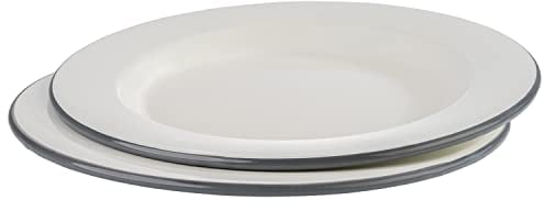 APS Juego de 2 platos planos, esmaltados, diámetro de 26 cm, altura: 2 cm, chapa de acero esmaltada, color: blanco crema con borde gris