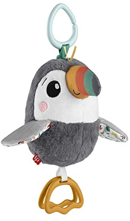 FISHER-PRICE Flap & Go Tukan - Plüschiges Kinderwagenspielzeug, fördert Feinmotorik und sensorische Fähigkeiten, für Neugeborene ab der Geburt, HNX66