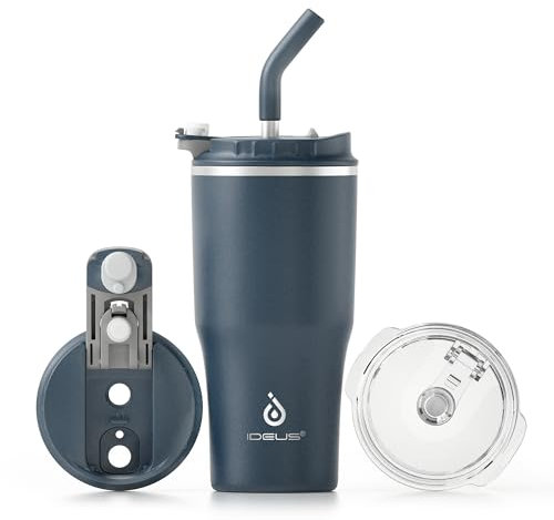 Ideus Isolierbecher 18oz (540ml), Doppelwandige Kaffeetasse Edelstahl Kaffeebecher Reisebecher mit auslaufsicherer Abdeckung und Stroh, geeignet für heiße und kalte Getränke (Marineblau)