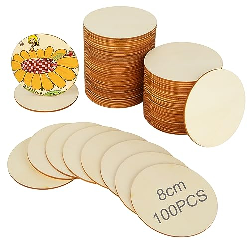 SENENQU 100er Pack Runde Holzscheiben 8 cm - Runde Holzscheiben 8 cm Durchmesser - 2.5 mm Dick Holzplatte zum Basteln - Holzplatte Rund Ausschnitte für Untersetzer & zum Basteln