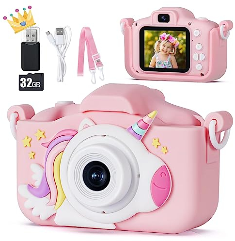 Macchina Fotografica Bambini, 48MP Digitale Fotocamera Bambini con Scheda 32 GB, Regali Gioco Natale & Compleanno per Bambino Bambina 3 4 5 6 7 8 9 10 Anni, Cappuccio di Unicornio (Rosa)
