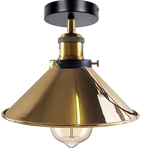 LEDSone E27 Flush Ceilings Light with 22cm French Gold Conical Lampshade Easy to Fit Durable Metal Semi Flush Mount Ceiling Lighting for Bedroom, Kitchen, Dining Room, with EPC A+ Bulb