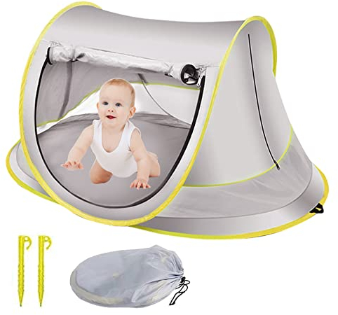 Tienda Playa Bebe, Pop up Tienda de Playa Bebé con Bolsa de Almacenamiento y Cuerda de Atar, Protección Sol, Anti UV 50+, Plegable Portátil Carpa Playa para Vacaciones en la Playa (Gris)