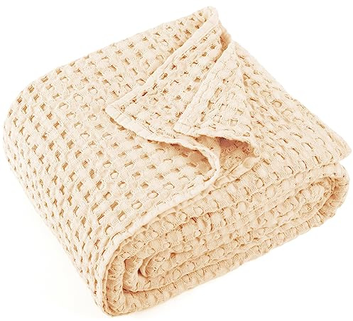 Carriediosa 100 % Baumwolle, Waffelgewebe, Überwurfdecke, Sommer, atmungsaktiv, leicht, weich, für Bett, Couch, Sofa, gemütliche Thermodecke für alle Jahreszeiten, Überwurfgröße, Beige