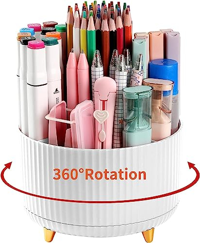 Pencil Pen Holder for Desk, 5 Slots 360°Degree Rotating Pencil Pen Organizers for Desk, Desktop Storage Stationery Supplies Organizer, Cute Pencil Cup Pot for Office, School, Home, Art Supply (White)