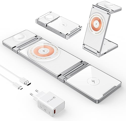 Hohosb Caricatore wireless 3 in 1 pieghevole in lega di zinco[Compatibile con il caricatore Magsafe],Stazione di ricarica magnetica per iPhone serie 15/14/13/12,per AirPods,iWatch-Bianca