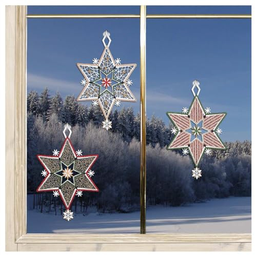 Fensterbilder Sternenglanz im 3er-Set aus Vogtländischer Spitze mit Lurex-Stickerei - kleine Sterne für die Advents und Weihnachtszeit | Geschenk-Anhänger Winter Höhe x Breite 17 x 11 cm je Motiv