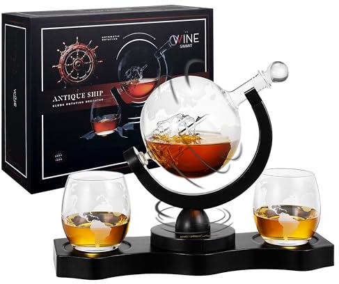 Drehbares Whiskey-Dekanter-Set mit 2 geätzten Whiskygläsern, 284 ml, bewegliche interaktive Weltkugel, Geschenke für Männer, Vater, Jahrestag für Likör, Scotch Bourbon, Batterien nicht im Lieferumfang