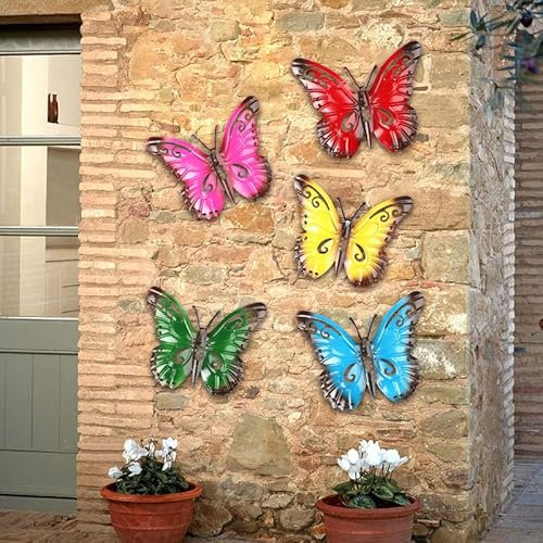BRAVECOW 5 PCS Metal Butterfly Ornaments Garden Outdoor Colorful Wall Art Hanging Butterfly Decorations Outside Shed Fences Yard Lawn Garden Fence Decor